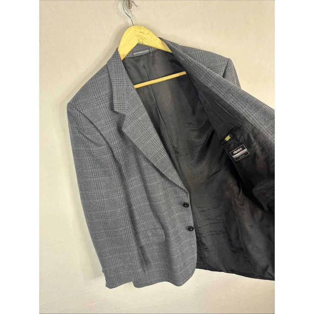 Alpaca Wool Blazer Men 40R Gray Plaid Sport Coat Single Breasted‎